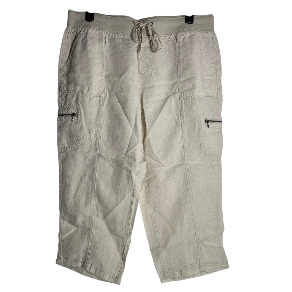 Style‎ & Co Womens Beige 100% Linen Cargo Cropped Pants XL Elastic Waist Relaxed